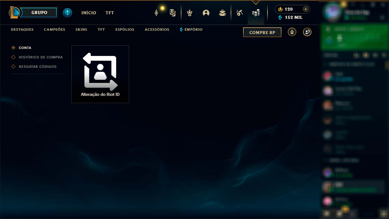 Imagem do Cleint do LoL com a opção de Riot ID