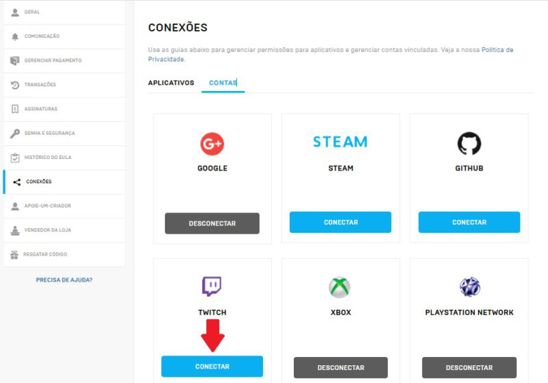 Conectar contas Twitch e Epic