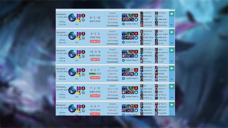 Imagem do histórico do Faker jogando de Vex