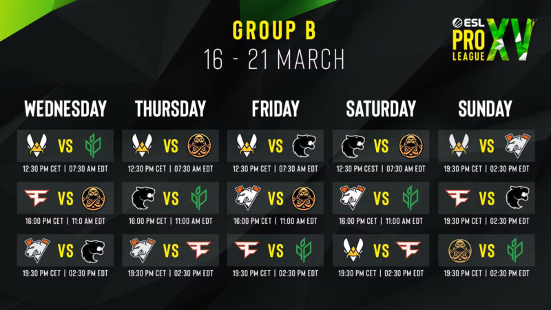 Datas das partidas do grupo B da ESL Pro League S15, que conta com a FURIA 