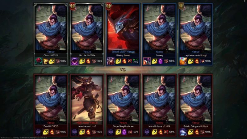 Imagem de 10 Yasuos jogando o modo Todos por um no LoL
