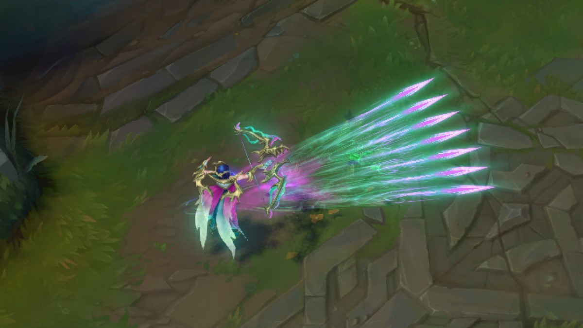 Imagem da campeã Ashe usando uma habilidade no LoL 