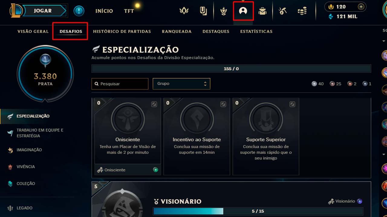 Imagem de como ver os Desafios do LoL