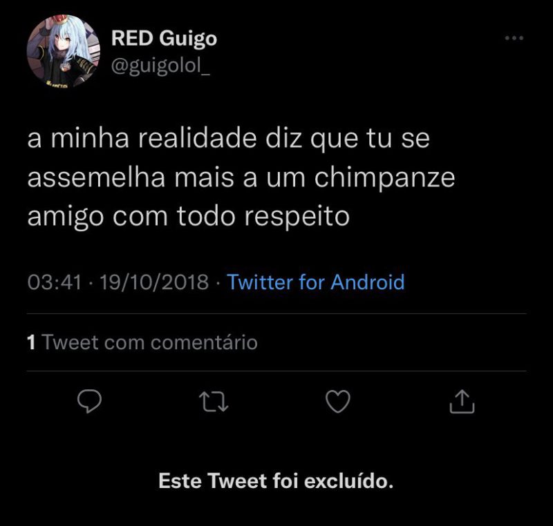 Tweet excluído em que Guigo comete injúria racial