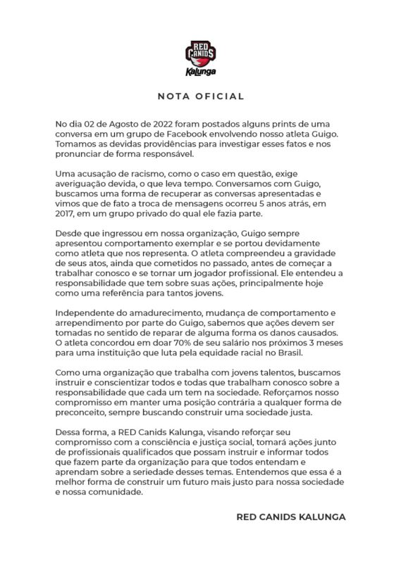 Imagem da nota da RED Canids sobre o caso de racismo 