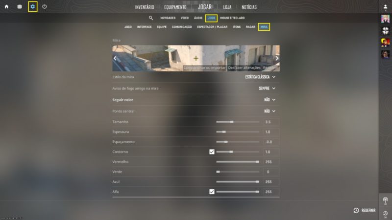 opção de como configurar a mira no cs2