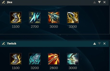 Na foto, o comparativo de 4 itens de Jinx e Twitch