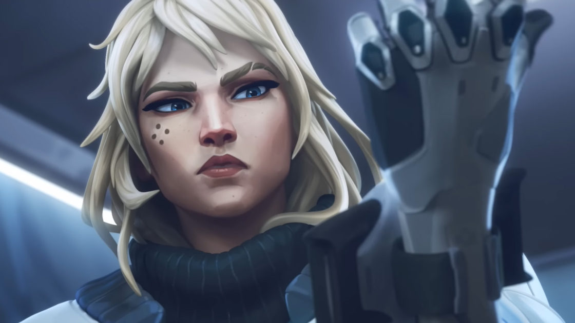 Imagem da campeã Deadlock em uma cinematic do VALORANT