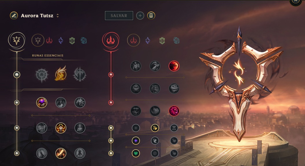 Na foto, as runas usadas por FURIA Tutsz na primeira aparição competitiva da Aurora que rolou no CBLOL 2024