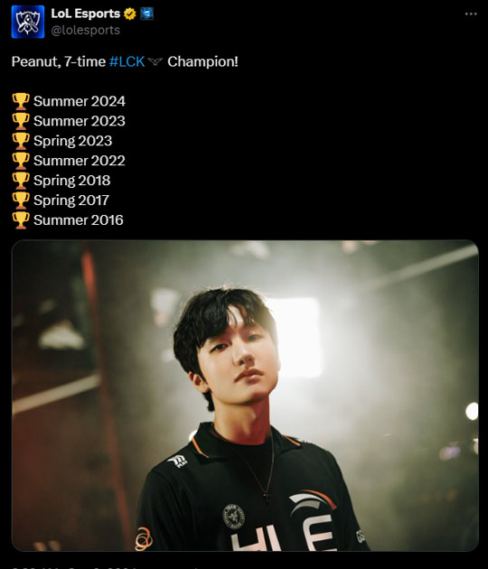 Imagem dos títulos de PEanut em tweet postado pelo twitter lol esports