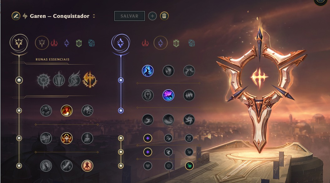 Na foto, uma das opções de runas para o Garen no patch 25.04