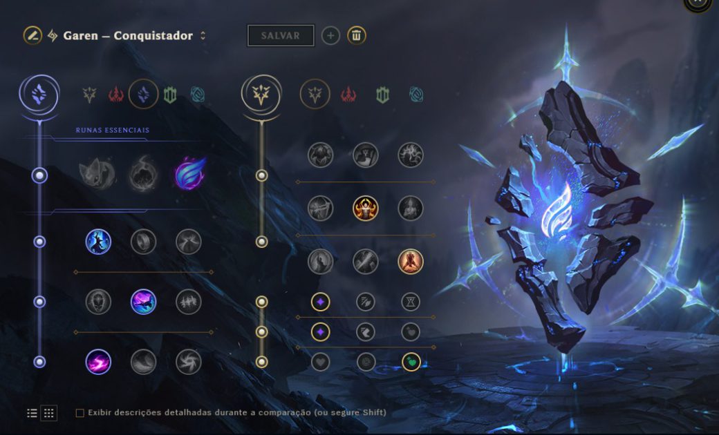 Na foto, uma das opções de runas para o Garen no patch 25.04