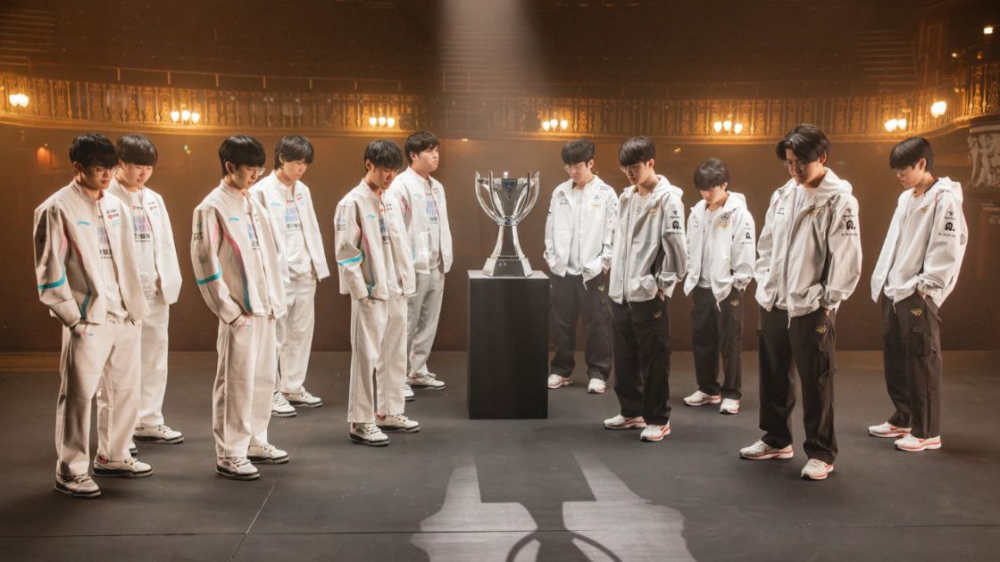 Na foto, os jogadores da T1 e BLG no Worlds 2024