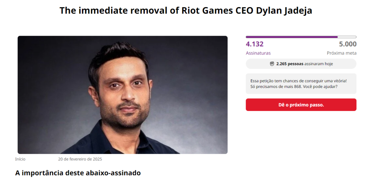 Imagem da petição contra Dylan Jadeja, CEO da Riot.