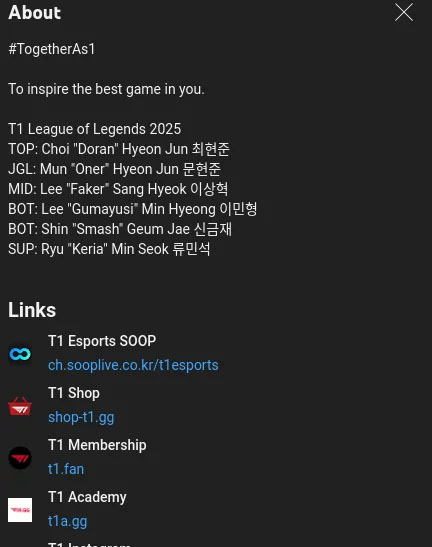 Imagem da bio de rede social da T1 mostrando Smash como sexto jogador