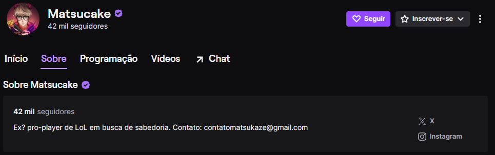 Imagem da descrição do canal de Matsukaze na Twitch. 