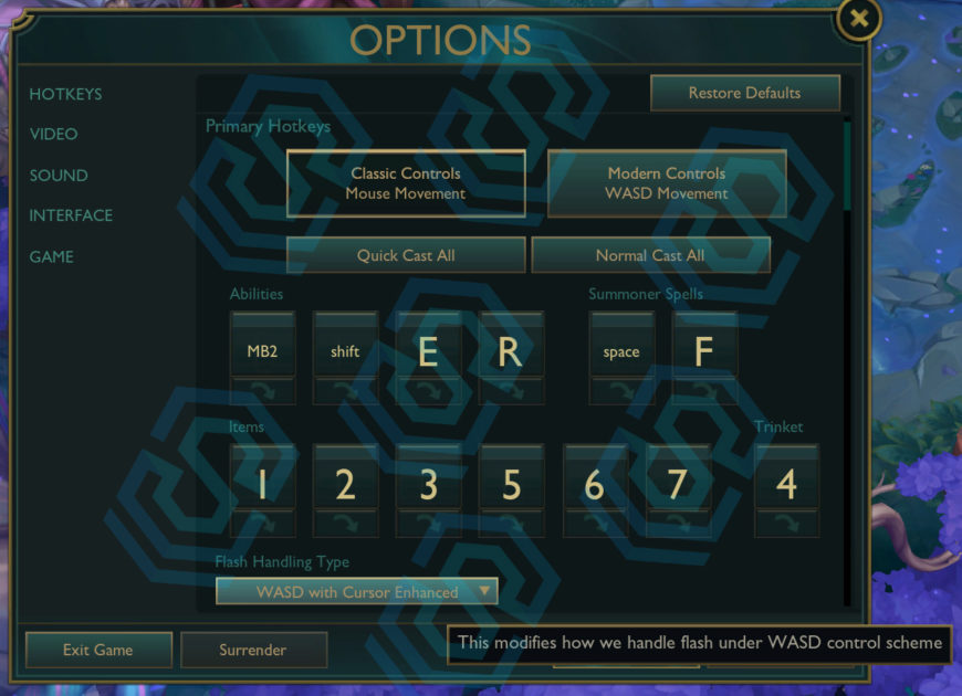 Imagens das configurações AWSD no LoL