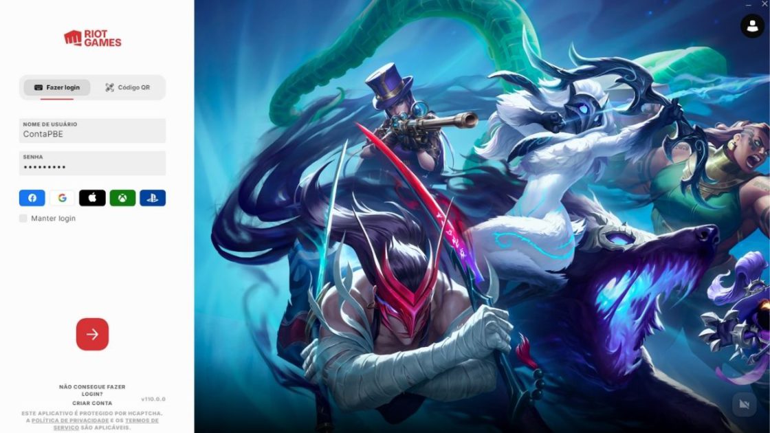 Foto do cliente da Riot para login no LoL PBE.