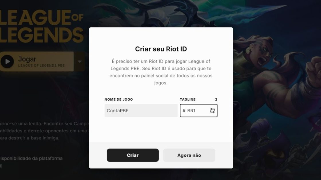 Imagem da criação do ID Riot para conta no LoL PBE.