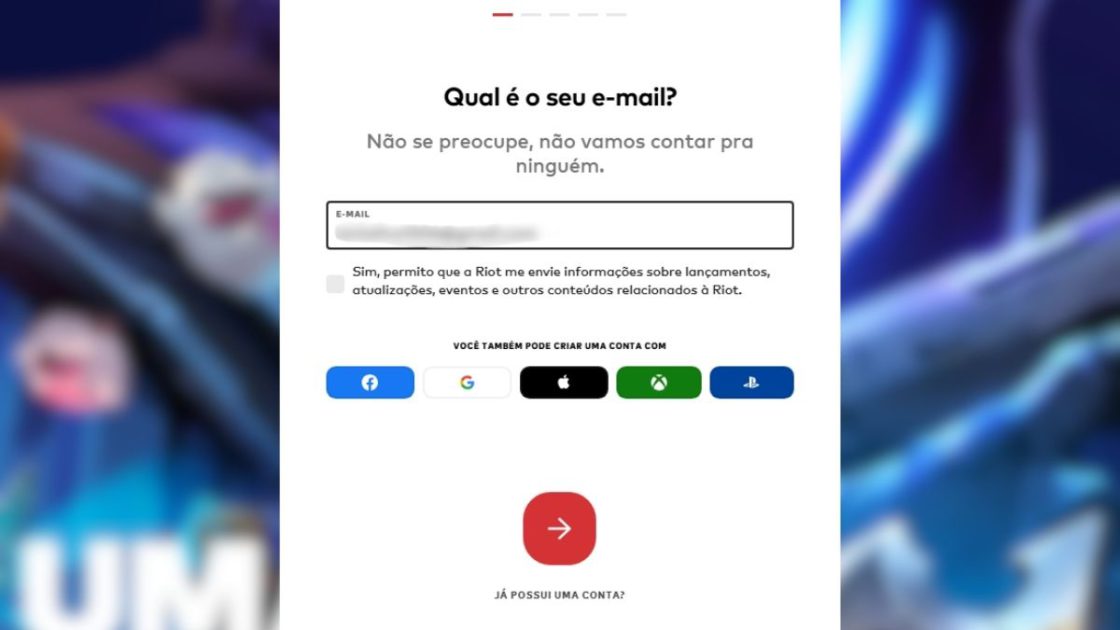 Imagem do local para inserir e-mail na criação de conta do LoL PBE.