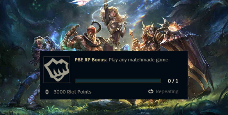 Foto da missão que concede RP no PBE do LoL.