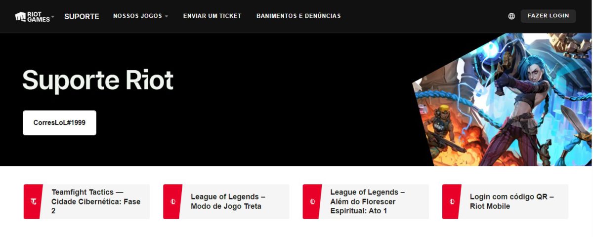Na foto, o site do LoL na aba Suporte ao Jogador, para enviar um ticket para a Riot Games