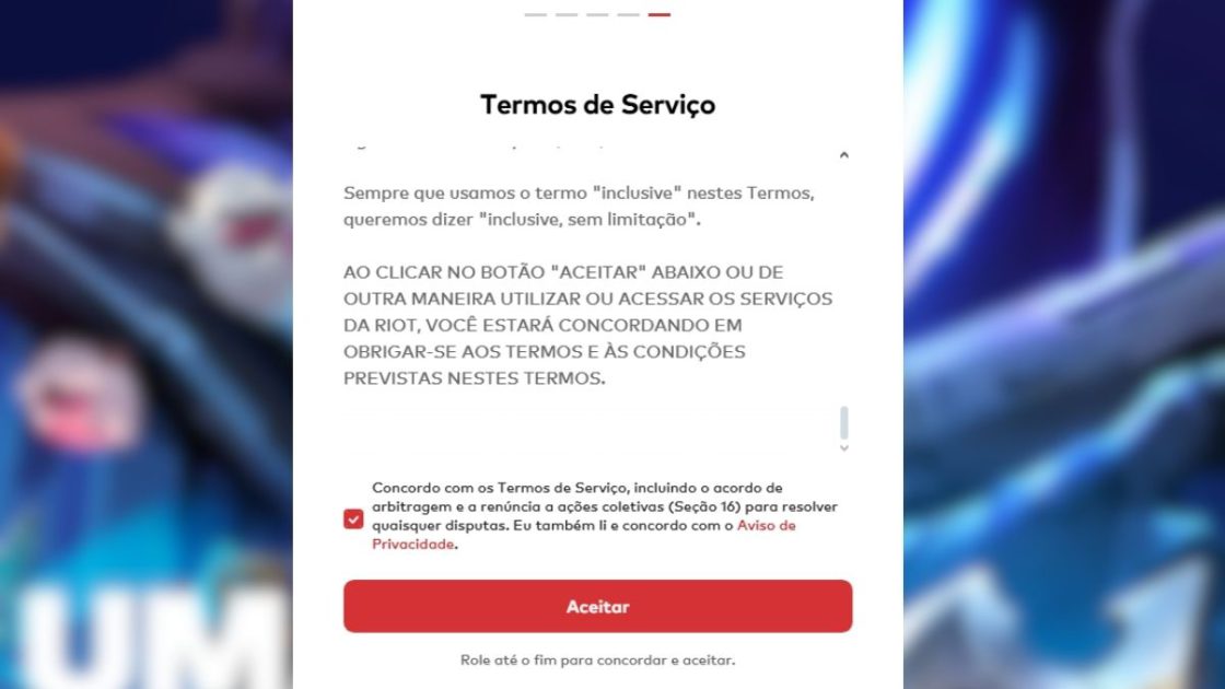 Foto dos Termos de Serviço da Riot no LoL PBE.