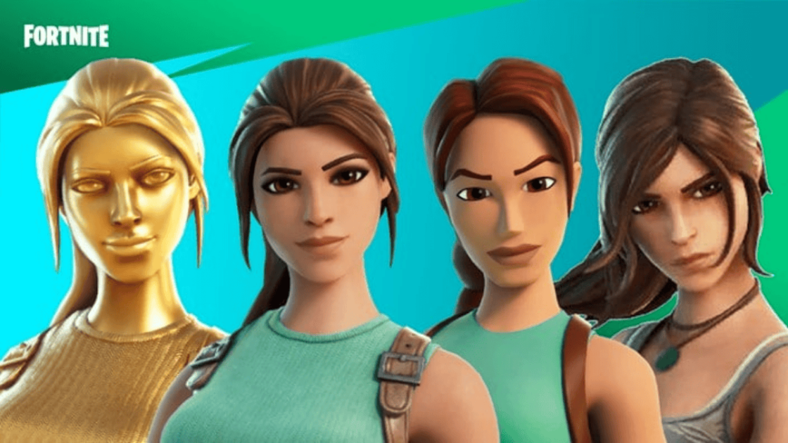Imagem das skins da Lara Croft no Fortnite.