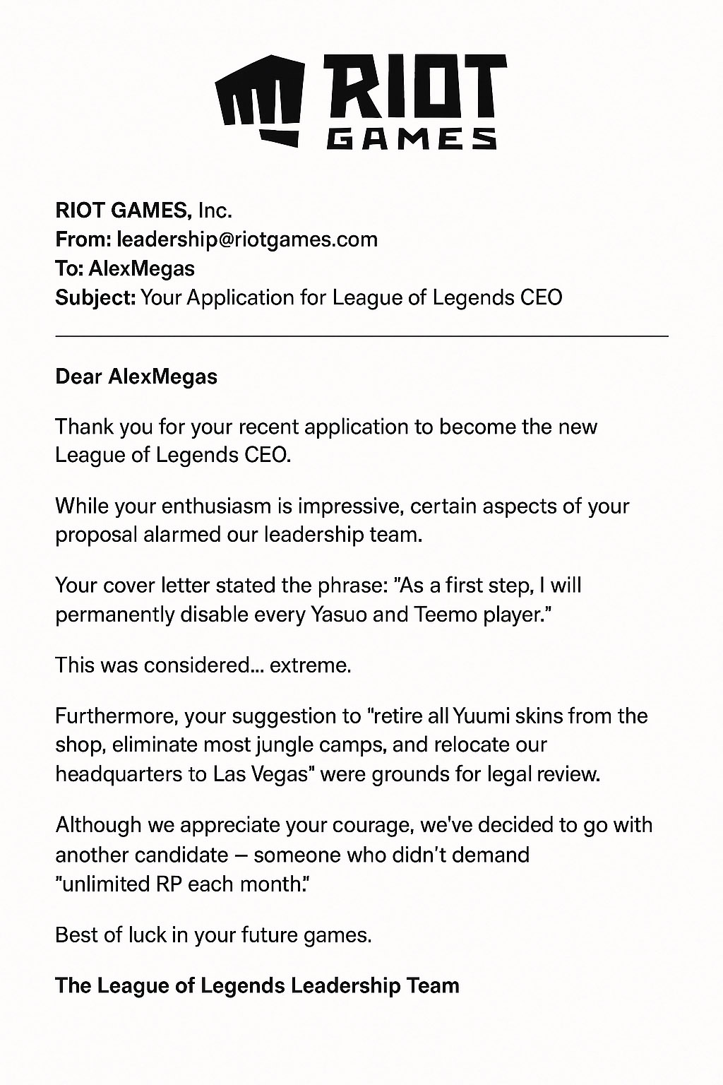 Imagem de uma carta enviada pelo CEO da Riot)