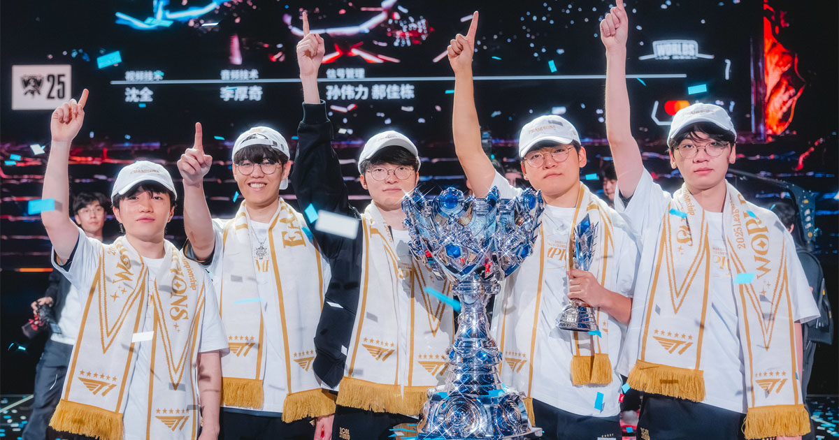 Imagem da T1 com o título do Worlds 2025