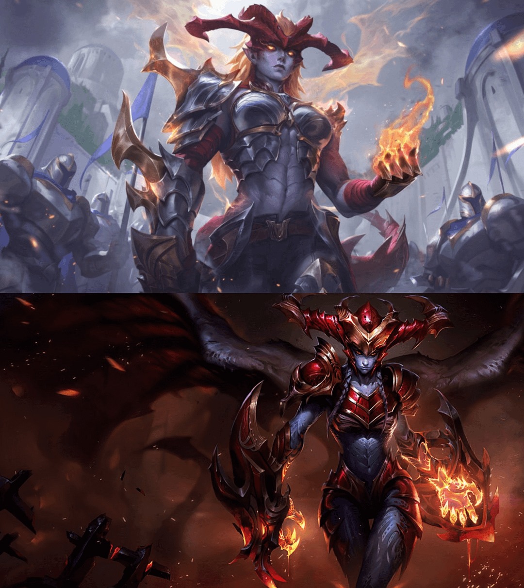 Imagem de comparação da skin da Shyvana antes e depois do rework