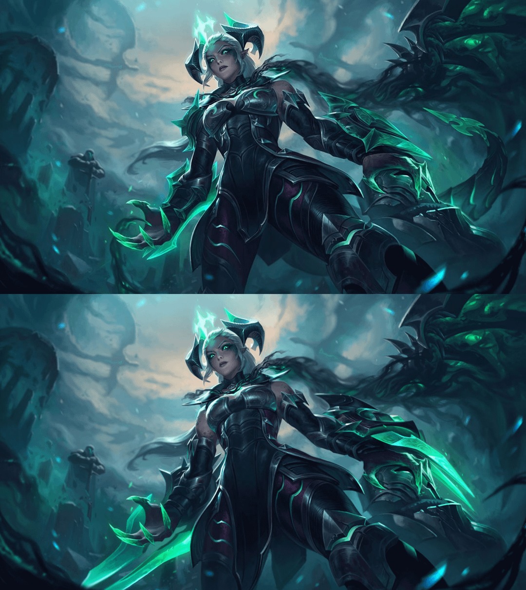 Imagem de comparação da skin da Shyvana Destruída antes e depois do rework