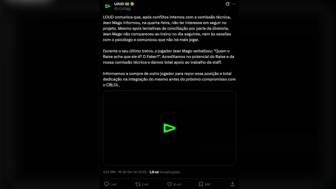 Foto do Tweet da LOUD apagado, que explica a saída de Jean Mago. 