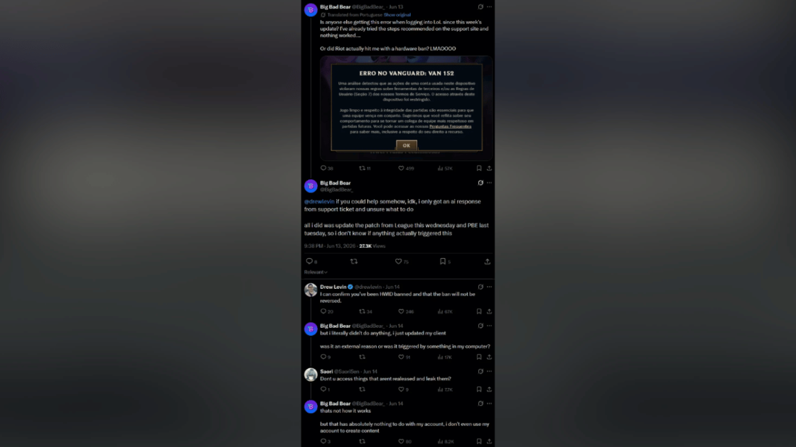 Imagem de sequência de tweets entre Drew Levin e BigBadBear.