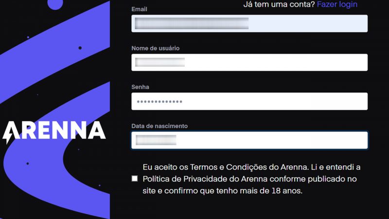 Arenna GG criando conta