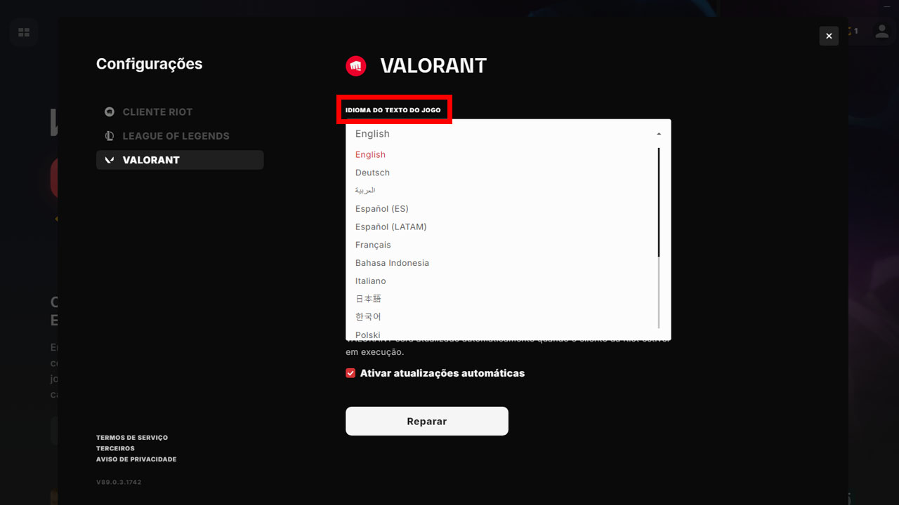 Como mudar idioma do VALORANT em 2026