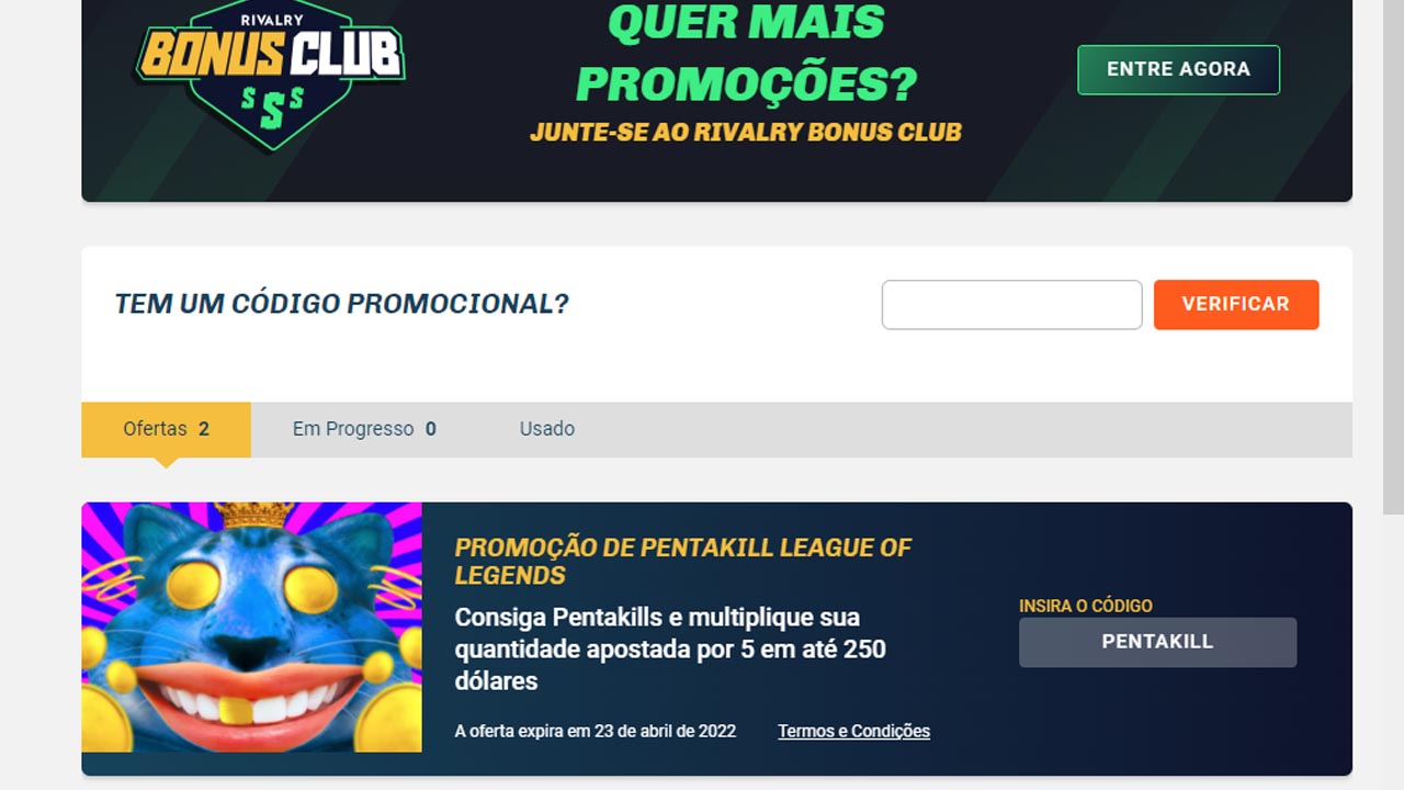 Como usar código de bônus na Rivalry?