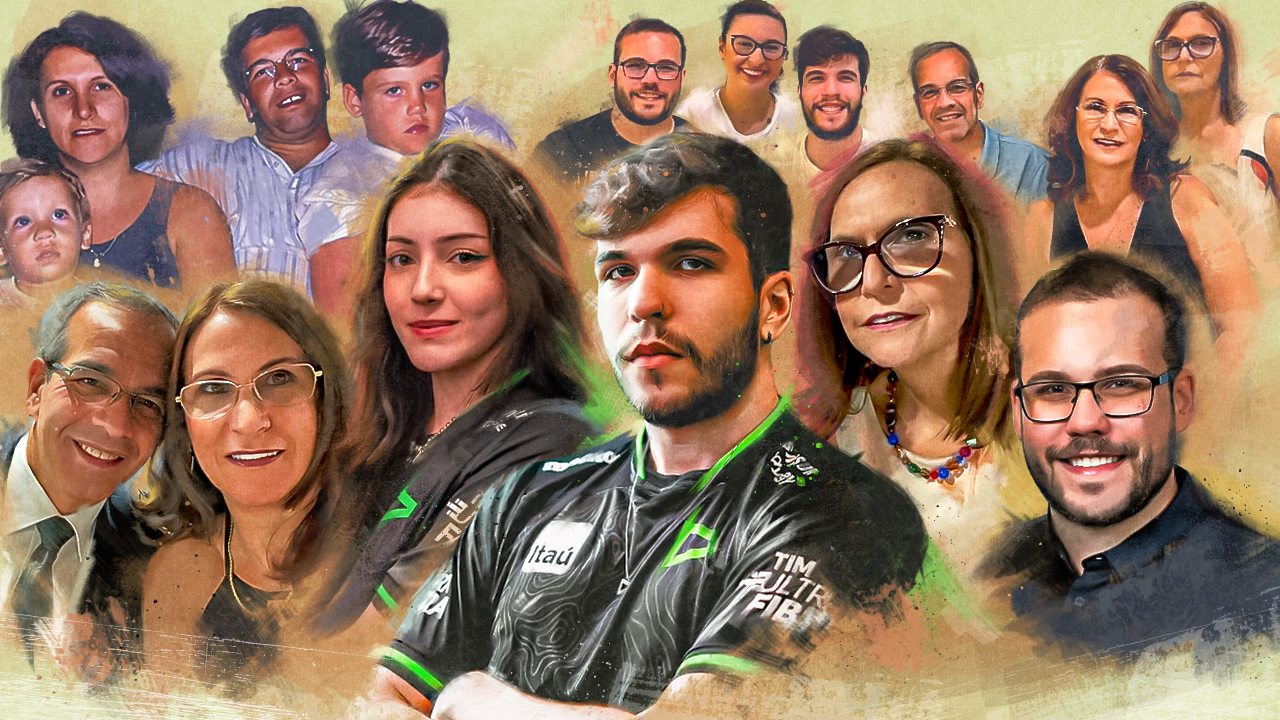 RedBert, desenhado em aquarela, rodeado por pessoas importantes de sua vida